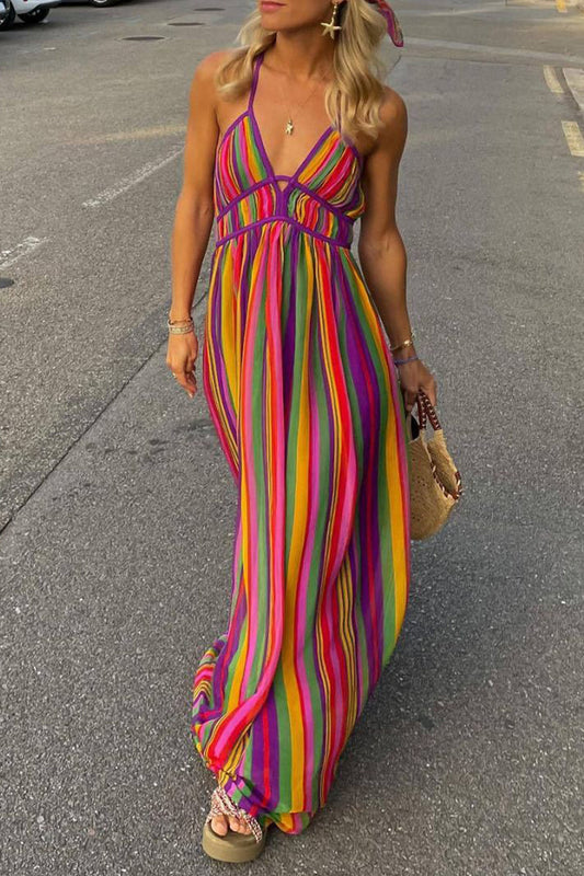 Marta - Robe maxi bohème imprimé rayures colorées